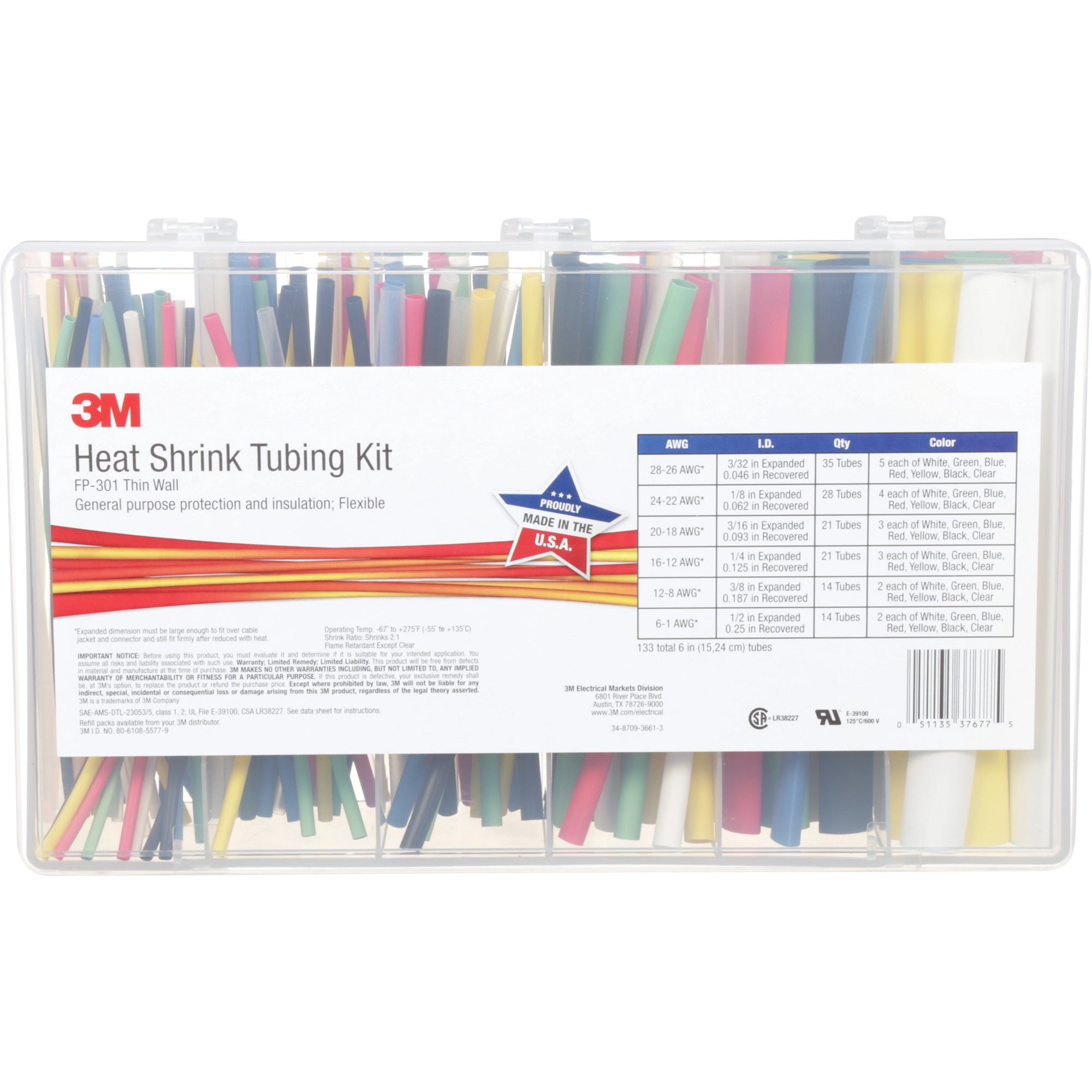 3M FP301-KIT-COLOUR Heat Shrink Tubing, Thin Wall, 6", 0.5" (1.27cm) - 0.0938" (0.24cm)