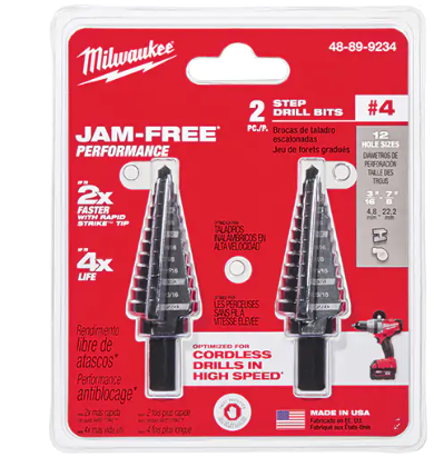 Milwaukee 48-89-9234 #4 Step Drill Bits, 3/16" - 7/8" , 1/16" Increments, High Speed Steel (2 Pack)