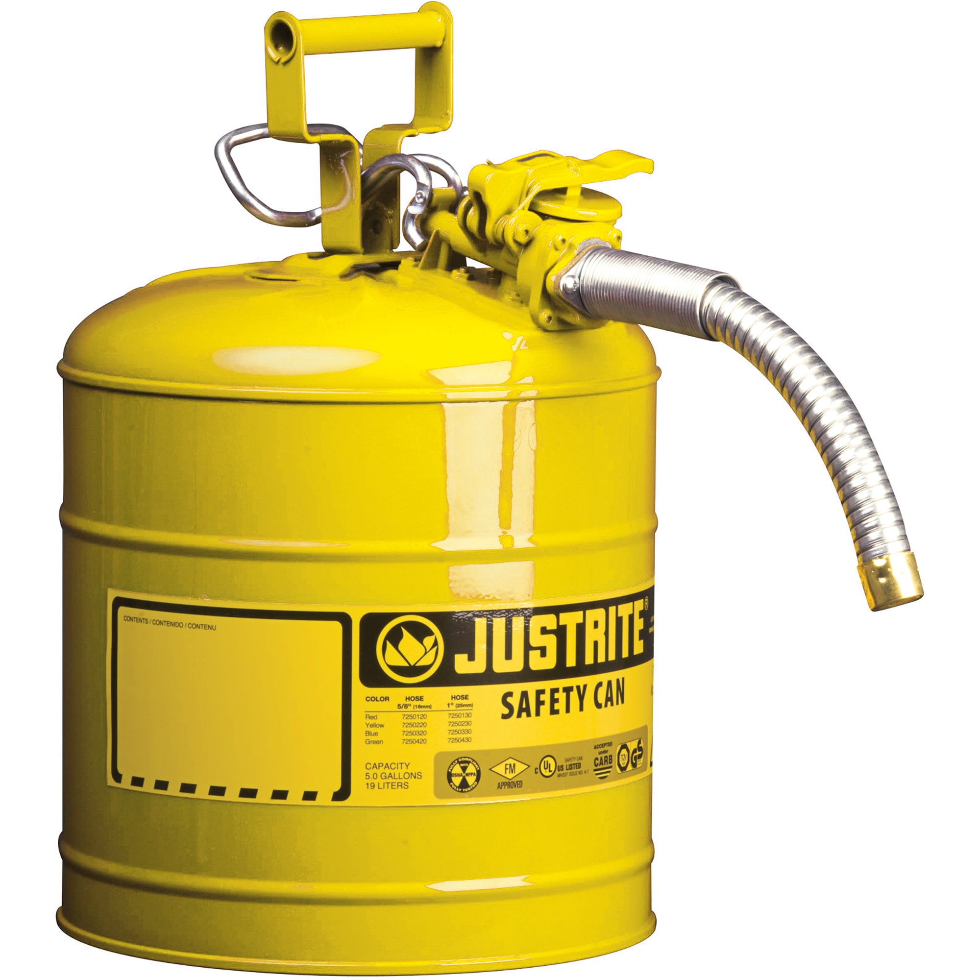 Justrite 7250230 AccuFlow™ Safety Cans, Type II, Steel, 5 US gal., Yellow, FM Approved/UL/ULC Listed