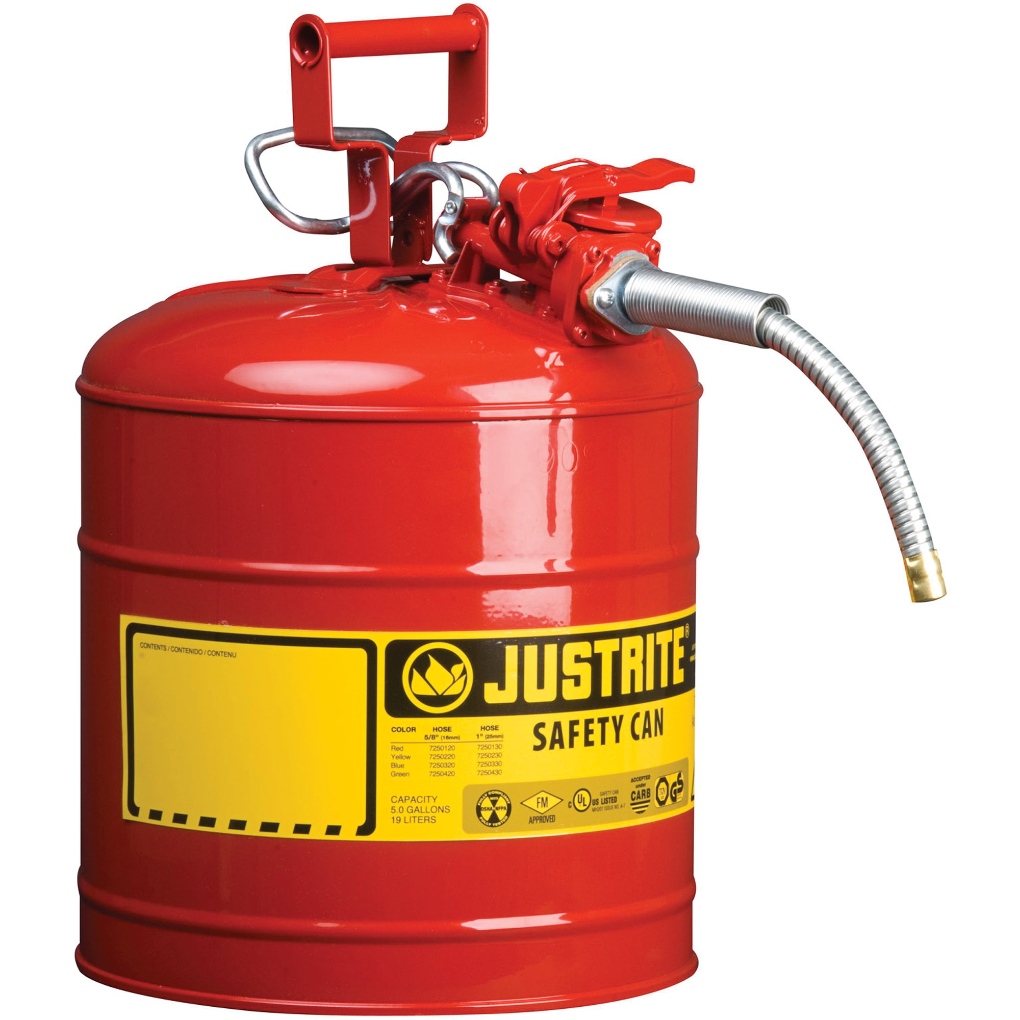 Justrite 7250120 AccuFlow™ Safety Cans, Type II, Steel, 5 US gal., Red, FM Approved/UL/ULC Listed