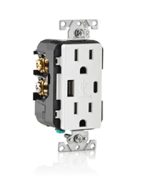 Leviton T5633-W Receptacle Type A & C USB Charging,125V/15A, Tamper Resistant, White