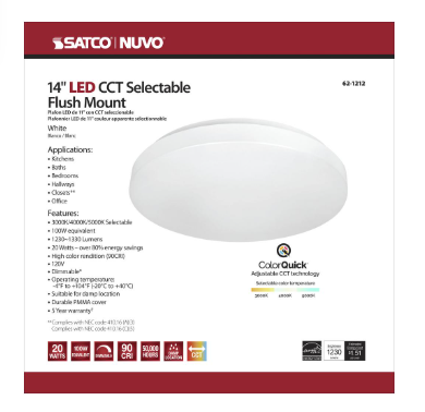 Satco 62-1212 14" LED Flush Mount Ceiling Fixture, 20 Watt, 3CCT