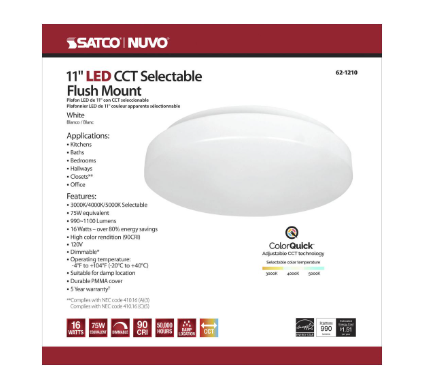 Satco 62-1210 11" LED Flush Mount Ceiling Fixture, 16 Watt, 3CCT