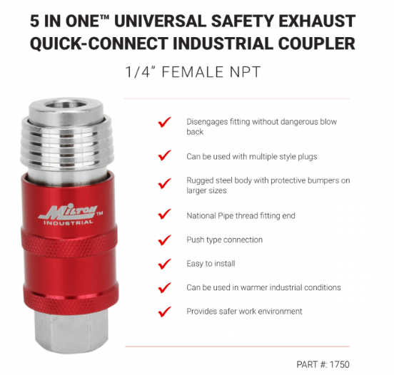 Milton® 5 In ONE™ Universal Safety Exhaust Quick-Connect Industrial Coupler, 1/4" Female NPT (Minimum Order: 2)