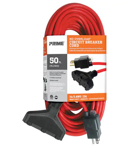 Prime Outdoor Vinyl Extension Cord, 14/3 AWG, 15 A, 3 Outlet(s), 50'