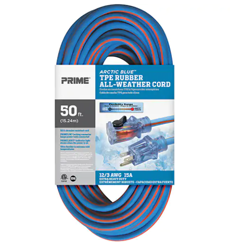 Prime Arctic Blue™ All-Weather TPE-Rubber Lighted End Extension Cords With Primelok® & Primelight®, 12/3 AWG, 15A, 50'