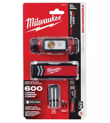 Milwaukee 2163-21 REDLITHIUM™ USB Hardhat Headlamp, LED, 600 Lumens, 5 Hrs. Run Time, Rechargeable Batteries