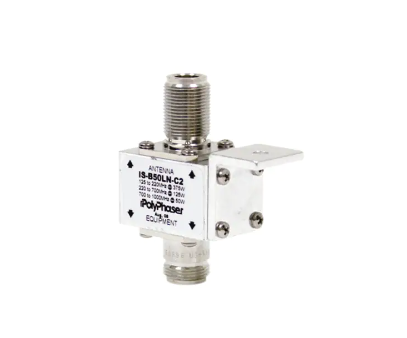 Polyphaser Type N F/F Bulkhead Coaxial RF Surge Protector, 10MHz - 1GHz, DC Block, 1.5kW, 120uJ, 20kA, Blocking Cap, Hole Mount