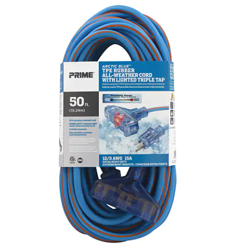Prime LT630830 Arctic Blue™ All-Weather TPE-Rubber Lighted End Extension Cords With Primelight®, 12/3 AWG, 15 A, 3 Outlet(s), 50'