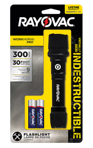 Rayovac Workhorse Pro™ Virtually Indestructible Flashlight, LED, 300 Lumens, AA Batteries (Min Ord: 3)
