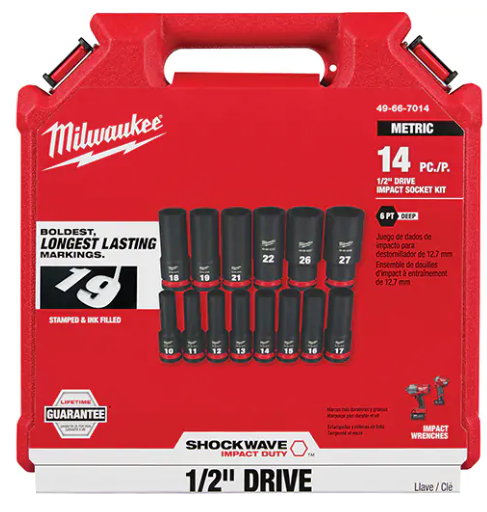 Milwaukee 49-66-7014 Shockwave™ Impact Duty™ 1/2" Drive Metric Deep 6 Point Socket Set, 14 Pieces